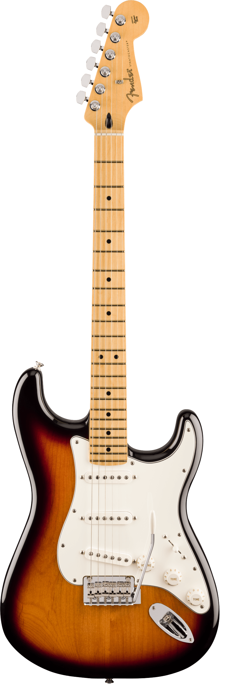 Fender Stratocaster electric guitar with a sunburst body, white pickguard, three single-coil pickups, maple neck, and six tuning pegs.