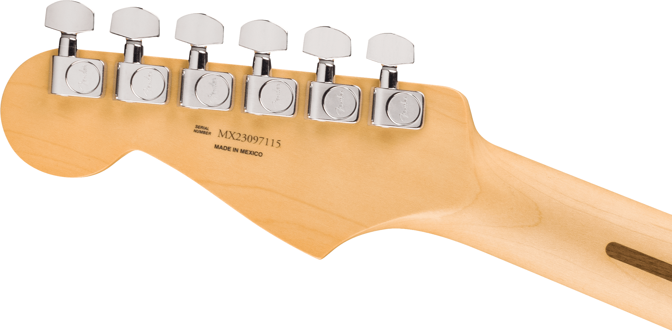 Six chrome tuning pegs on the back of a light wood electric guitar headstock, marked "Made in Mexico" with a visible serial number.