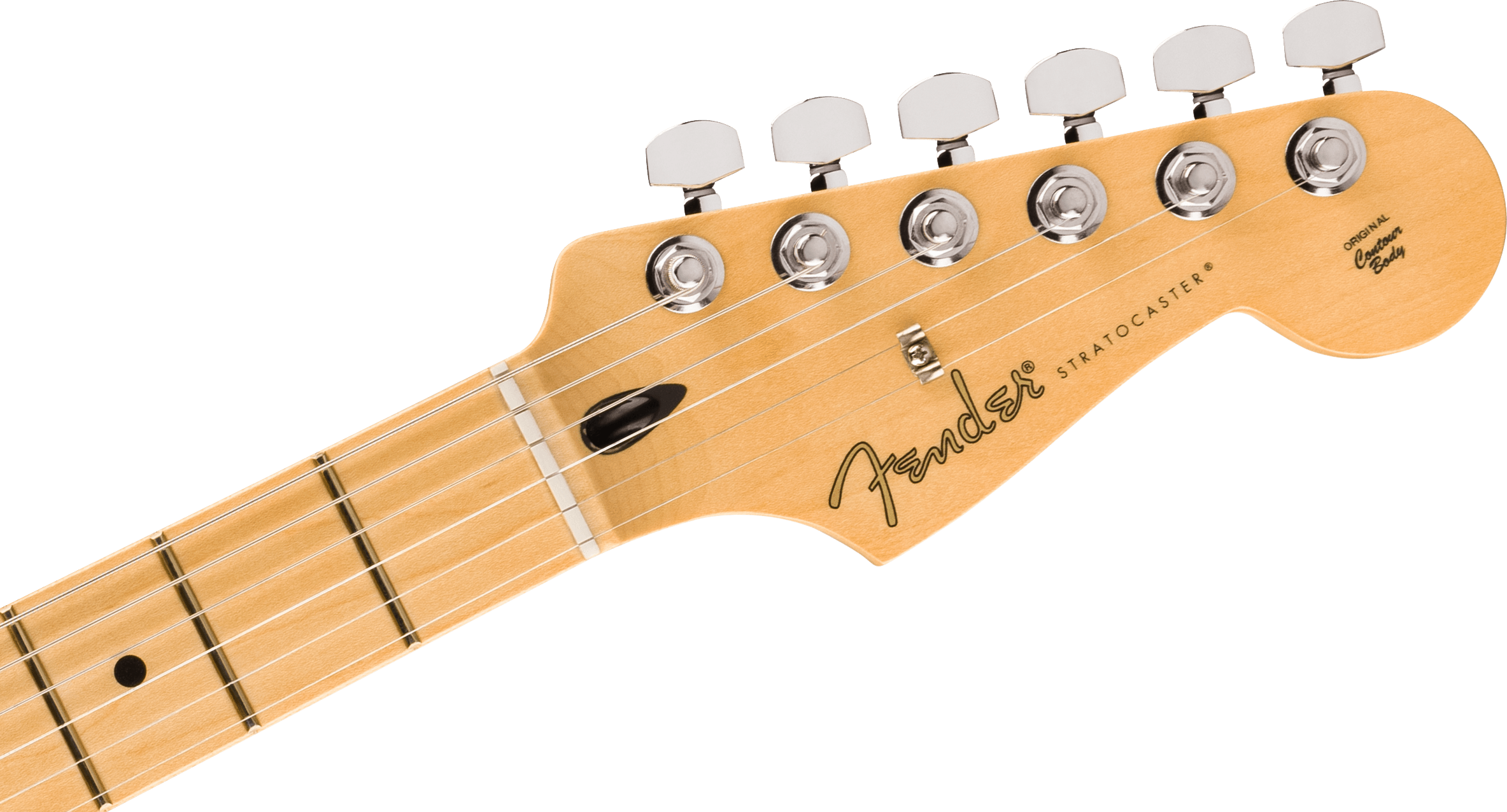 Light wood Fender Stratocaster electric guitar headstock with six tuning pegs, black logo, and part of the maple neck with frets and dot marker.