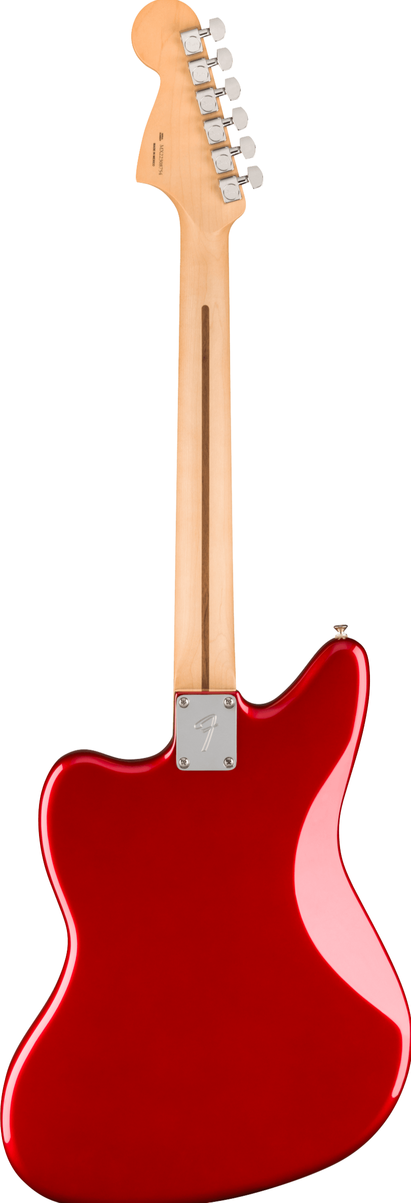 Glossy red electric guitar shown from the back, with a light wood neck, six tuning pegs, and a chrome neck plate with an engraved "F".