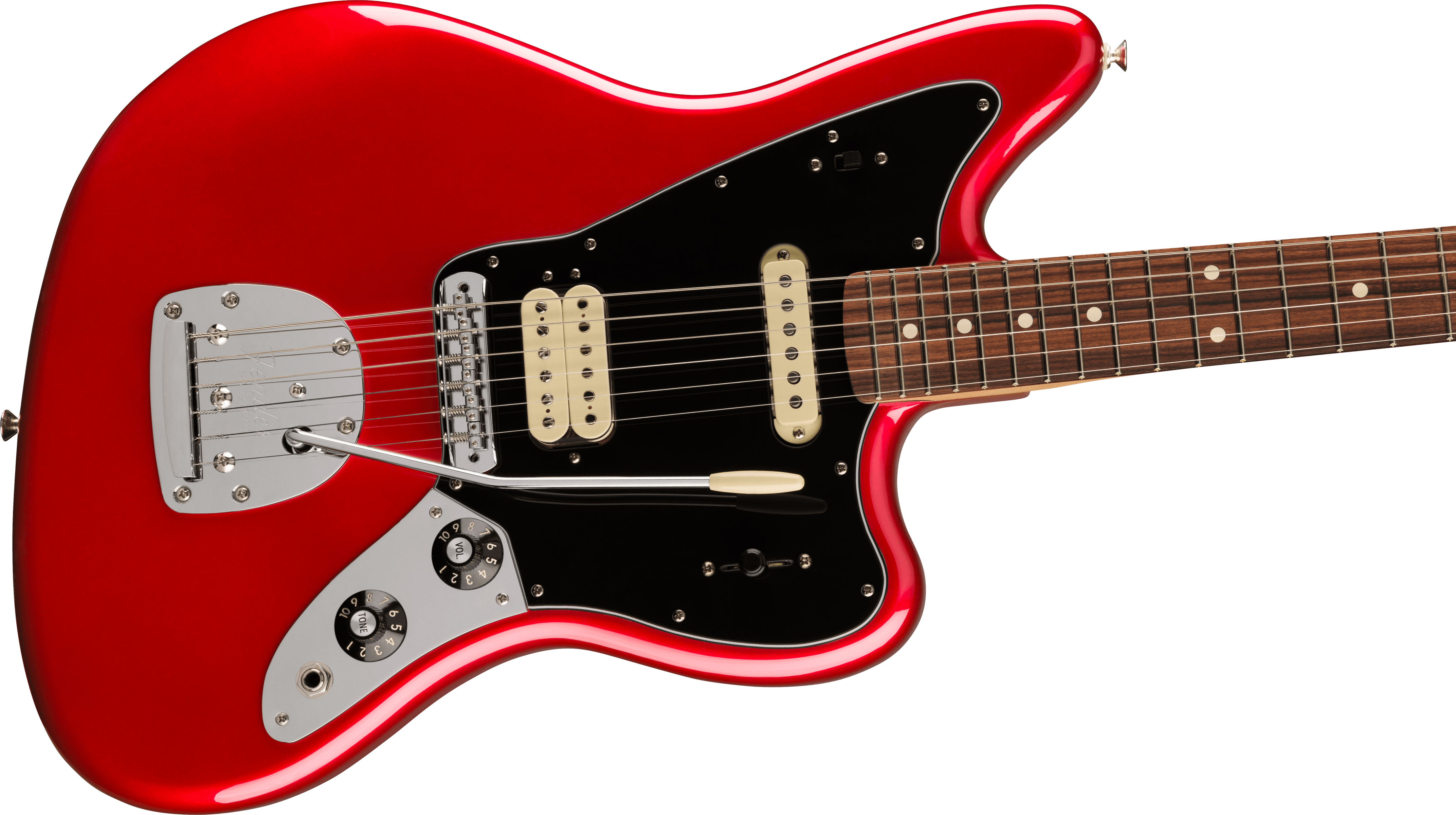 Bright red electric guitar with a black pickguard, two cream humbucker pickups, whammy bar, and control knobs on a chrome plate.