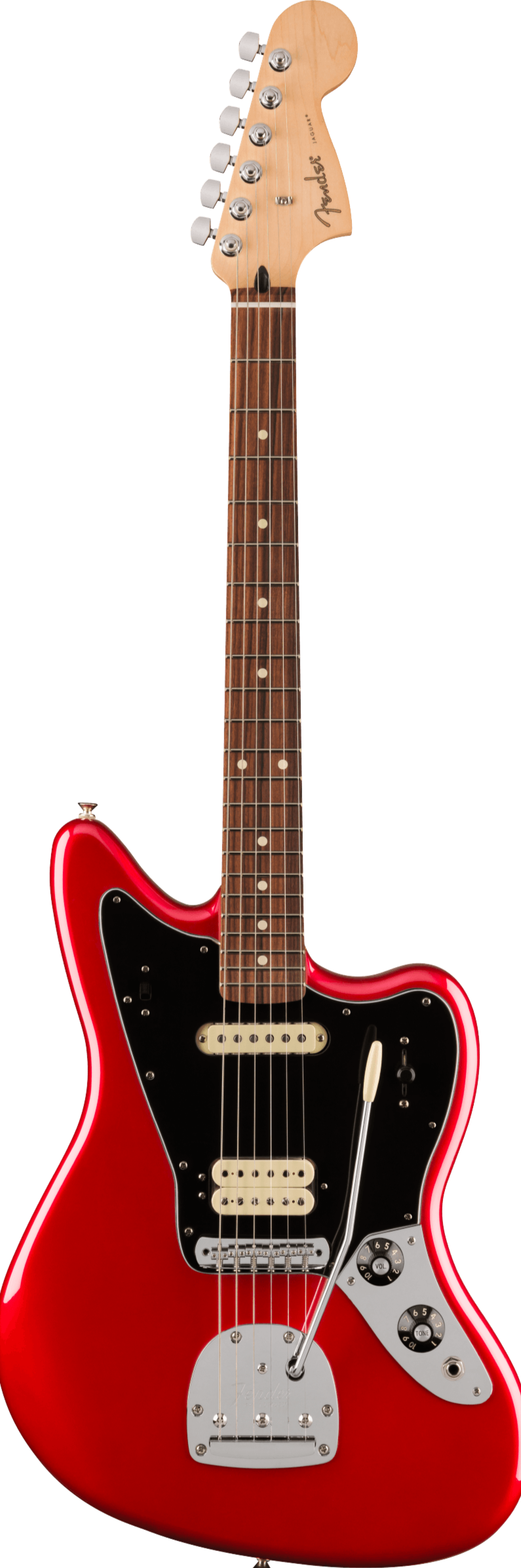 Red Fender electric guitar with a black pickguard, six tuning pegs, two cream pickups, control knobs, and a chrome tremolo arm.