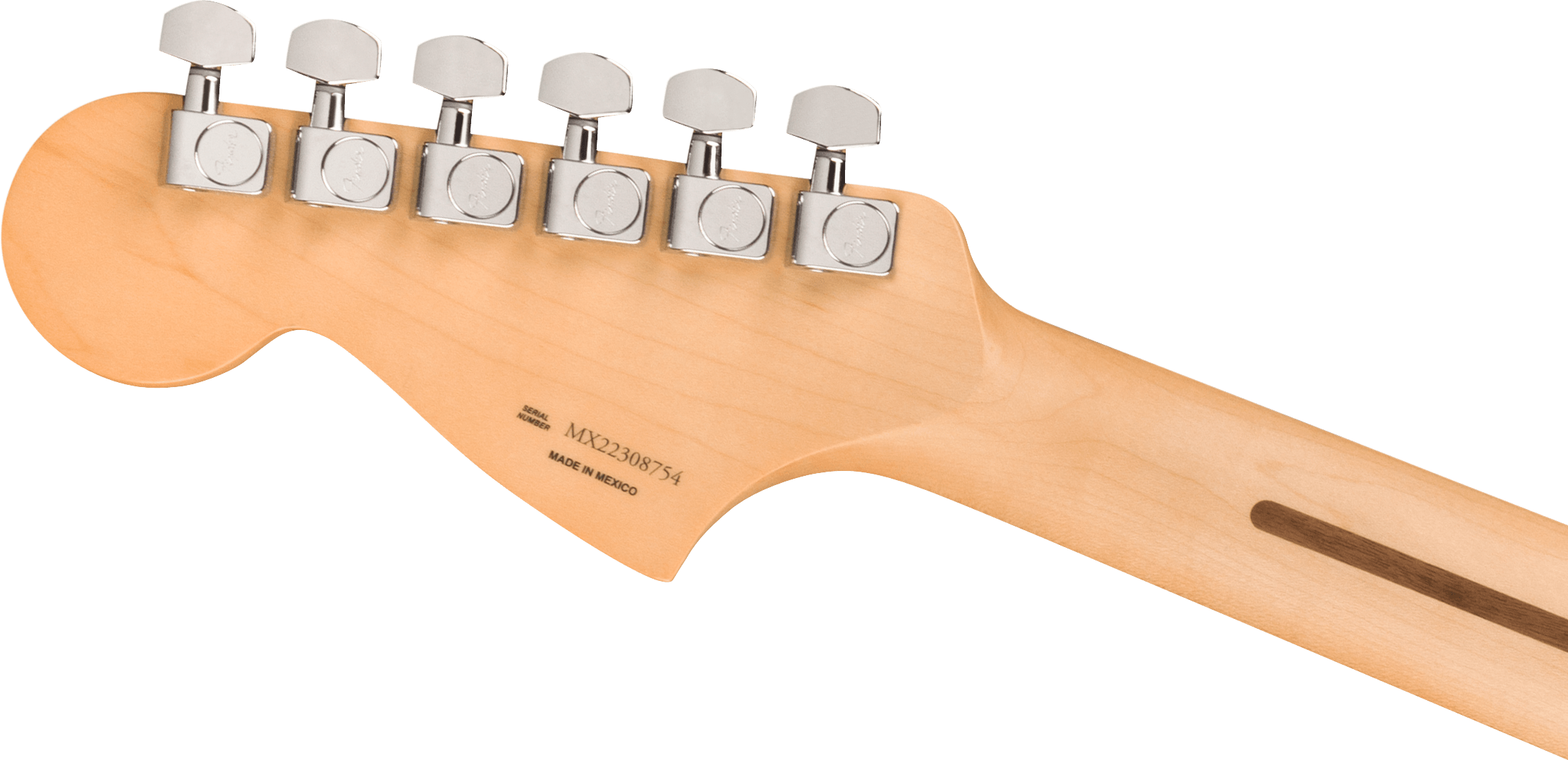 Six chrome tuning pegs line the back of a light wood electric guitar headstock, with serial number and "Made in Mexico" printed below.