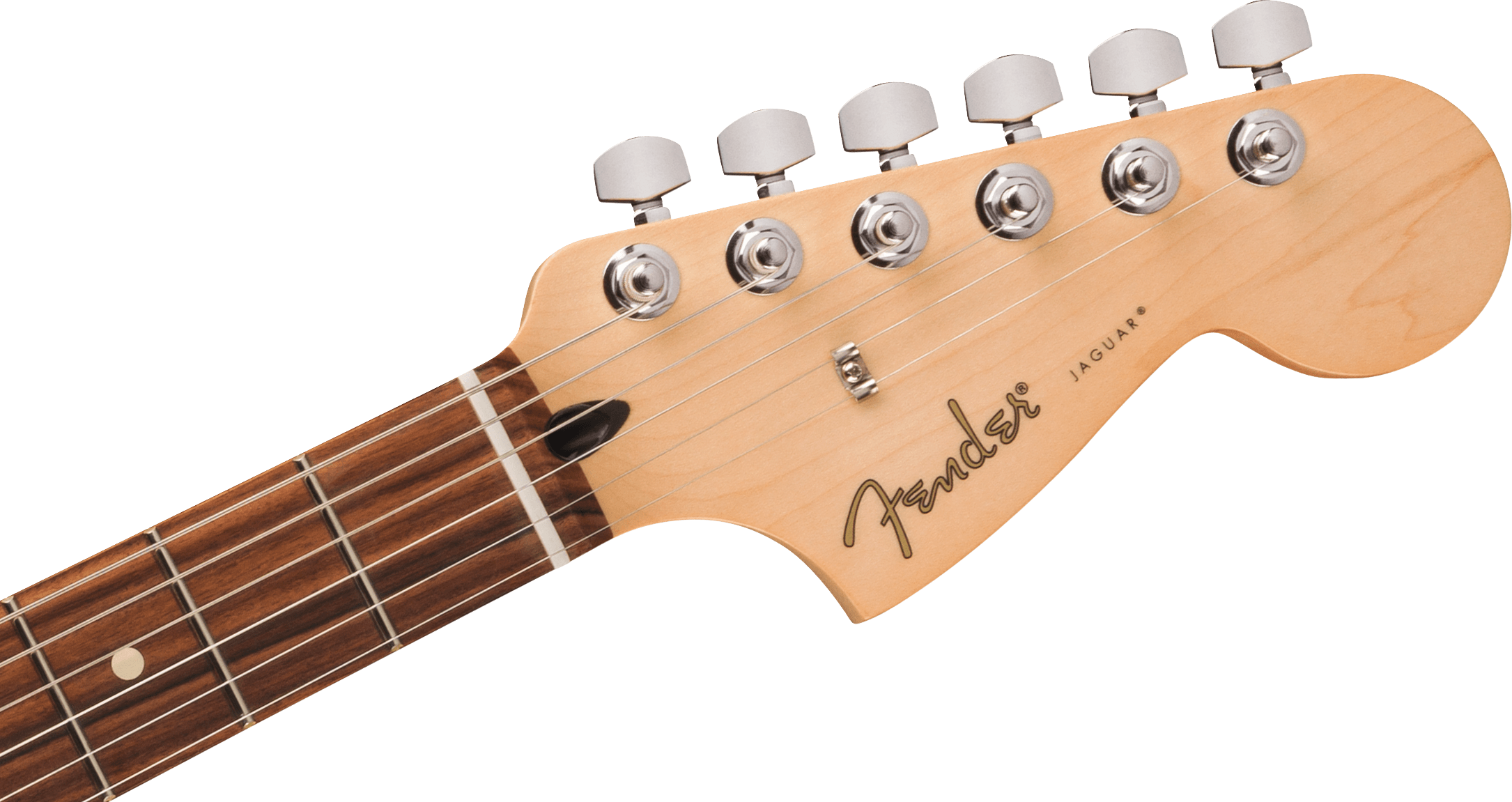 Light wood Fender Jaguar electric guitar headstock with six tuning pegs and part of a dark wood fingerboard with metal frets and dot marker.