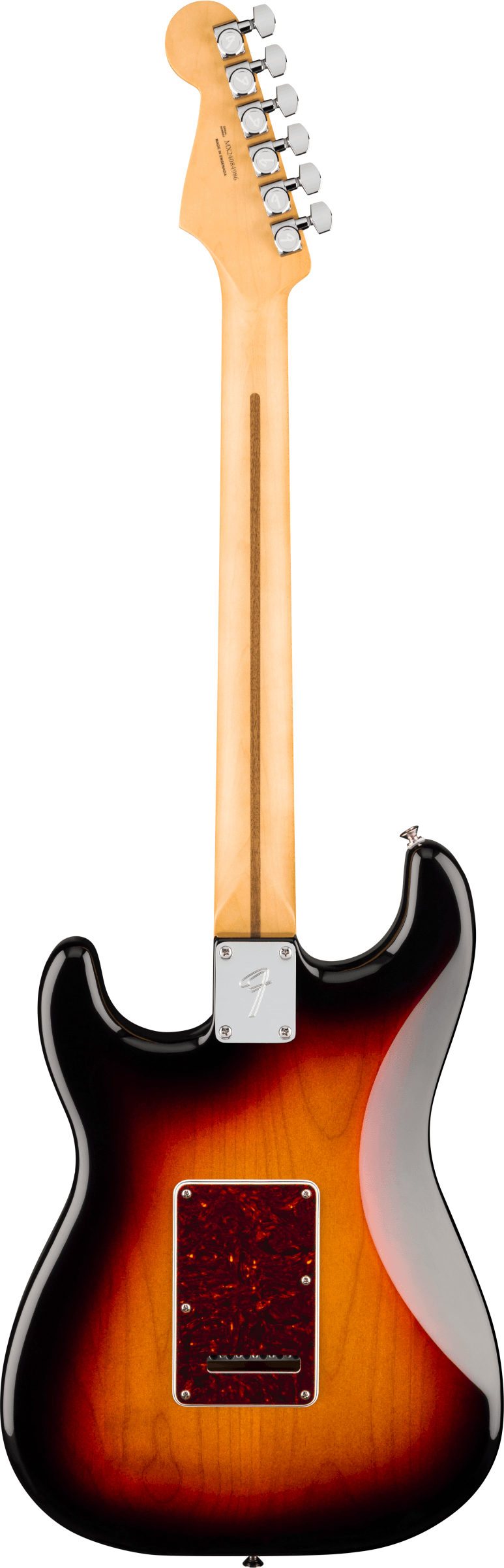 Sunburst electric guitar seen from the back, with a light wood neck, six tuning pegs, and a dark tortoiseshell-patterned back plate.