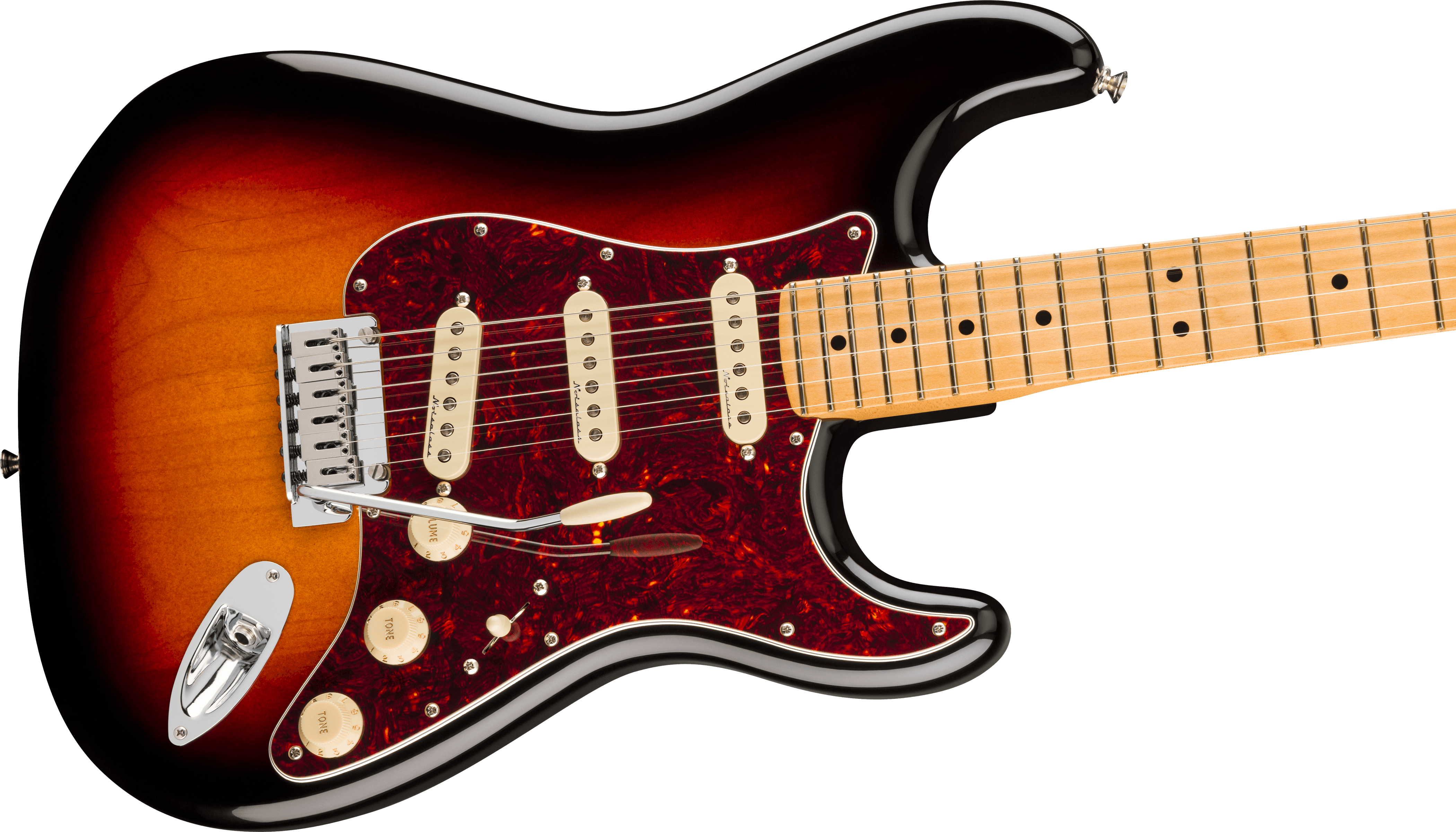 Sunburst electric guitar with a maple neck, three single-coil pickups, red tortoiseshell pickguard, and chrome whammy bar.