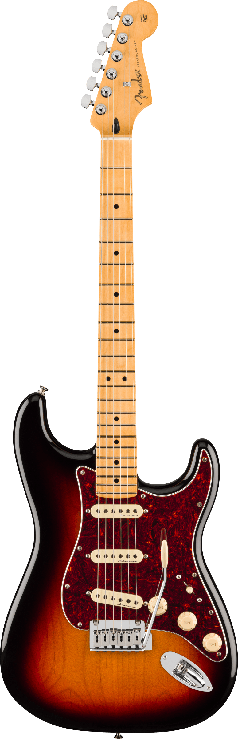Sunburst Fender Stratocaster electric guitar with a maple neck, three single-coil pickups, white knobs, and a tortoiseshell pickguard.