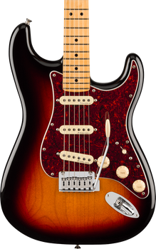 Sunburst electric guitar with a glossy finish, maple fretboard, three cream single-coil pickups, red tortoiseshell pickguard, and white control knobs.
