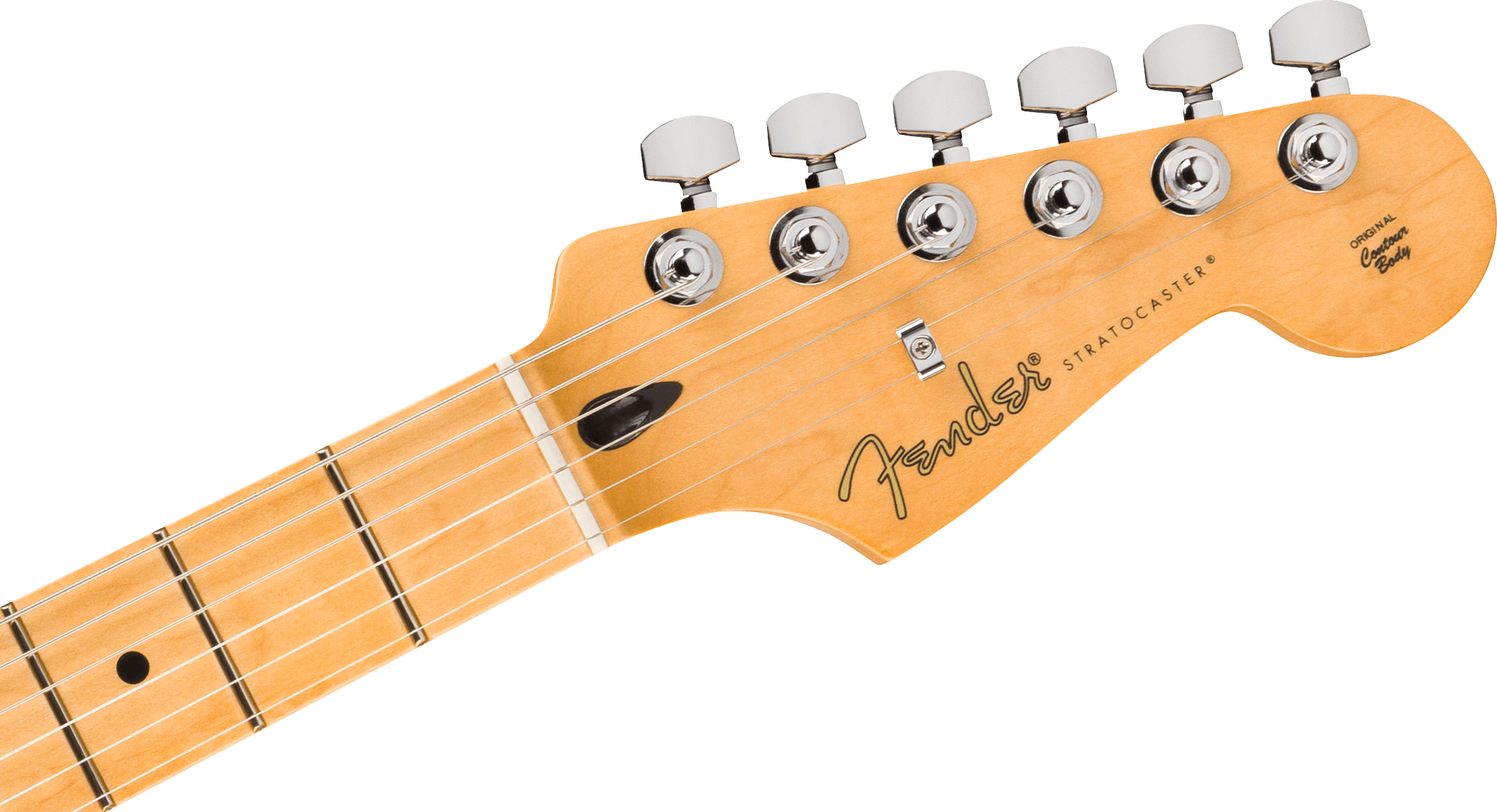 Light wood Fender Stratocaster electric guitar headstock with six chrome tuning pegs and black logo text.