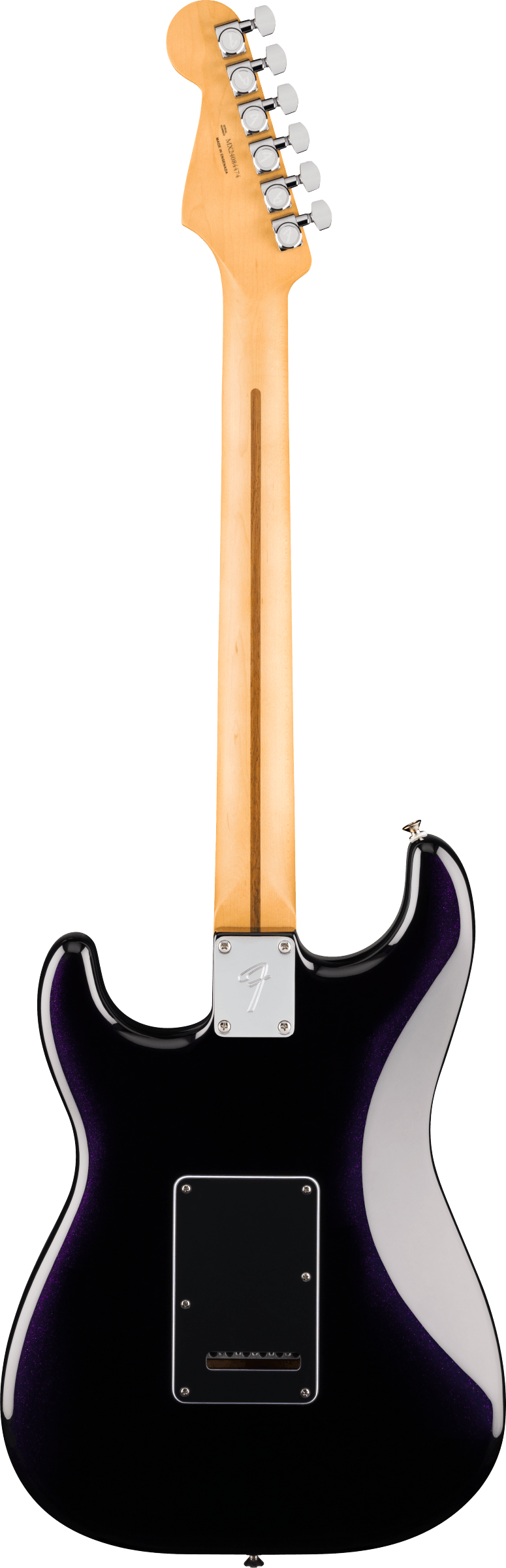 Electric guitar shown from the back with a glossy black and purple body, maple neck, six tuning pegs, and a rectangular backplate with screws.