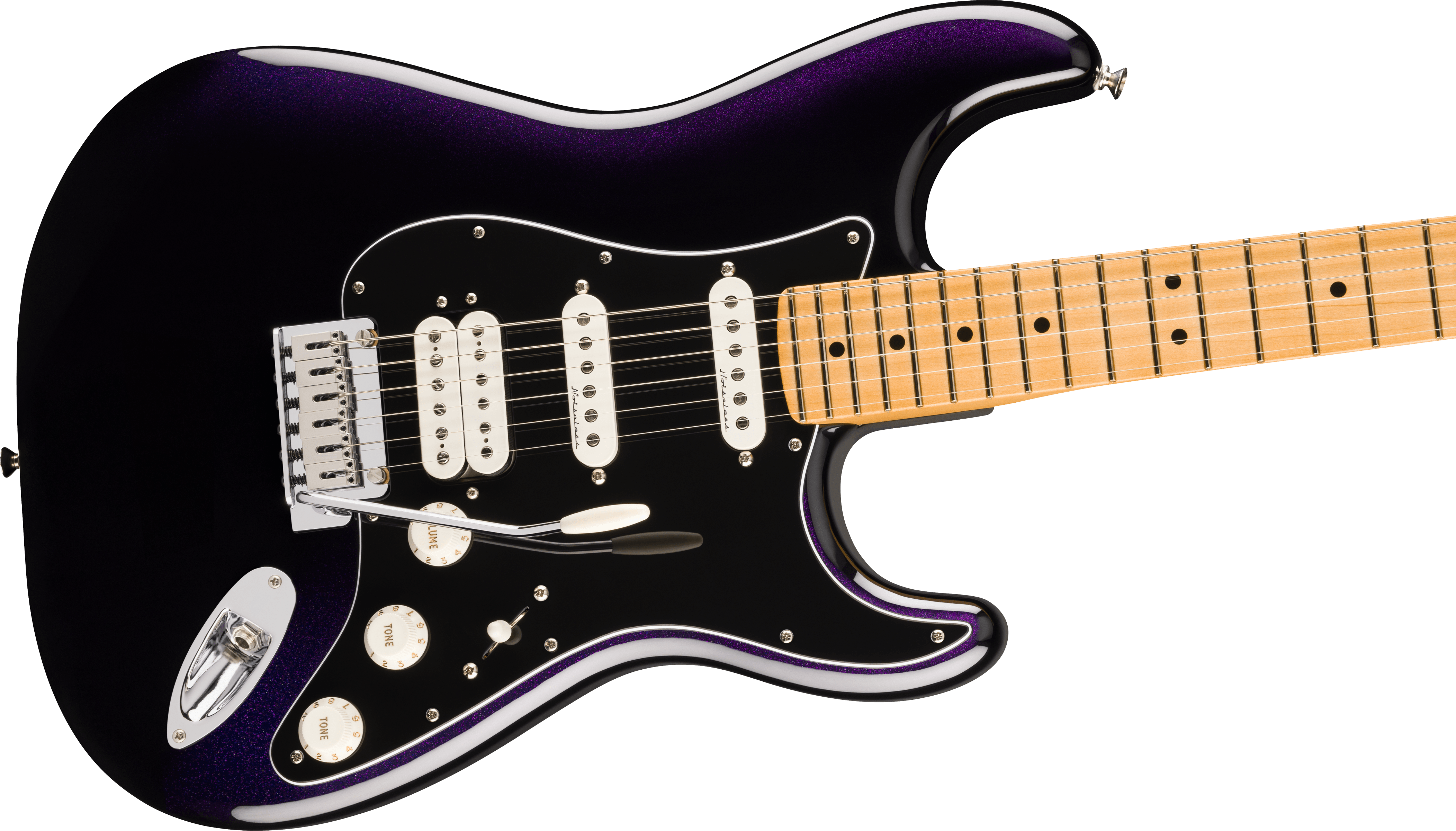Electric guitar in deep purple with a black pickguard, three white pickups, and a light maple neck featuring black dot fret markers.