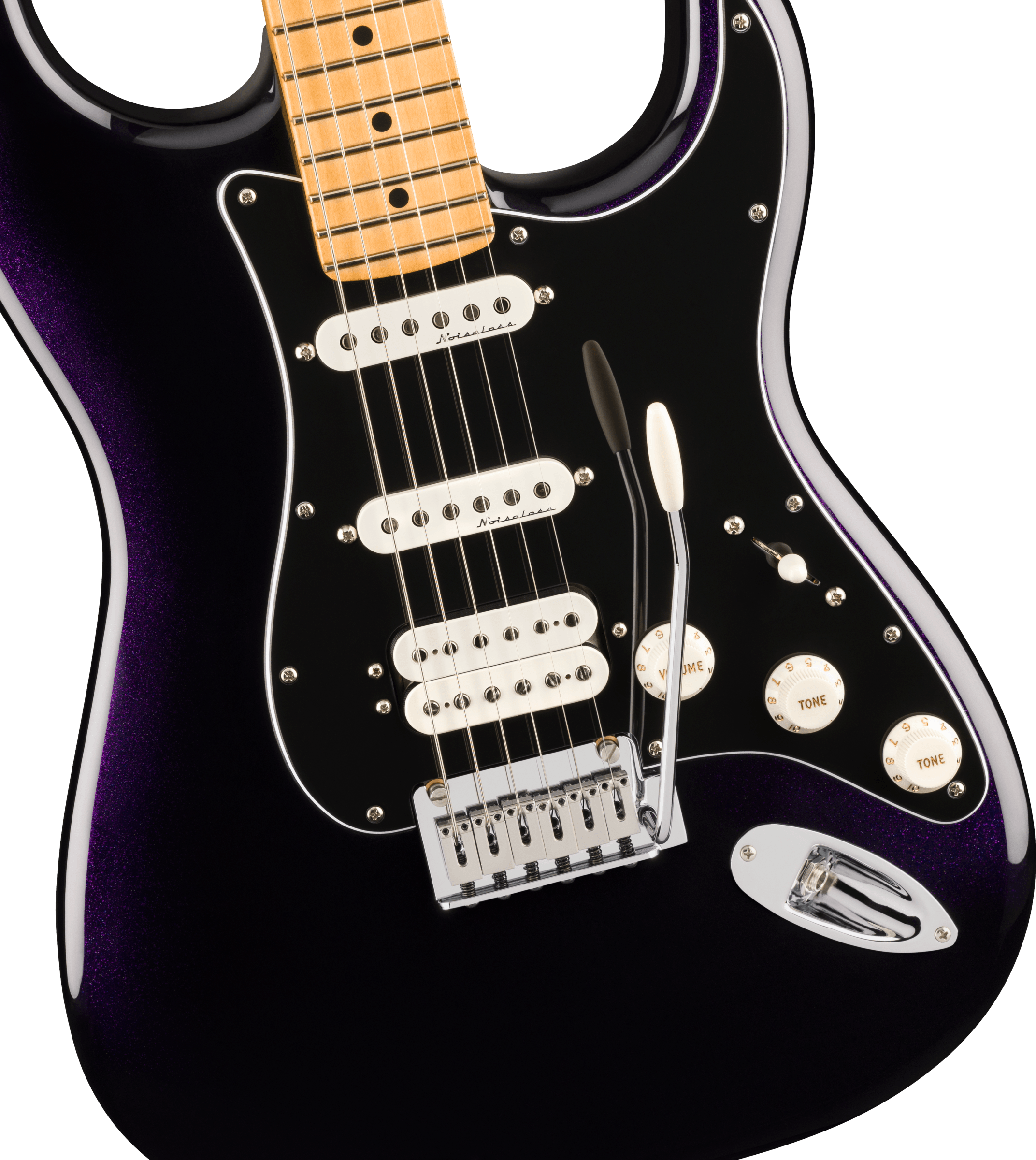 Deep purple electric guitar with three white single-coil pickups, black pickguard, white knobs, and a chrome tremolo bar.