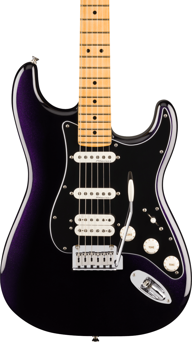 Electric guitar with a deep purple body, black pickguard, three white pickups, three white control knobs, and a maple neck with black fret markers.