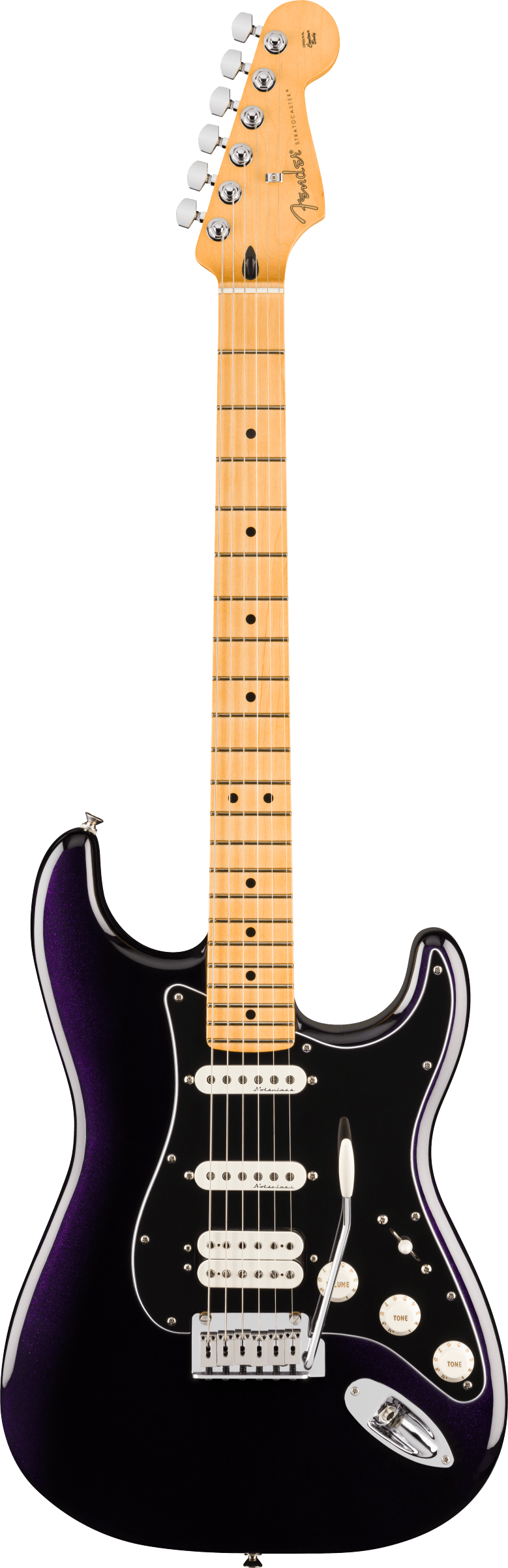 Purple Fender Stratocaster electric guitar with a maple neck, black pickguard, three white pickups, and white control knobs.
