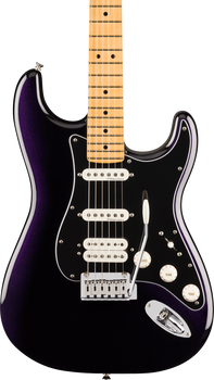 Electric guitar with a deep purple body, black pickguard, three white pickups, three white control knobs, and a maple neck with black fret markers.