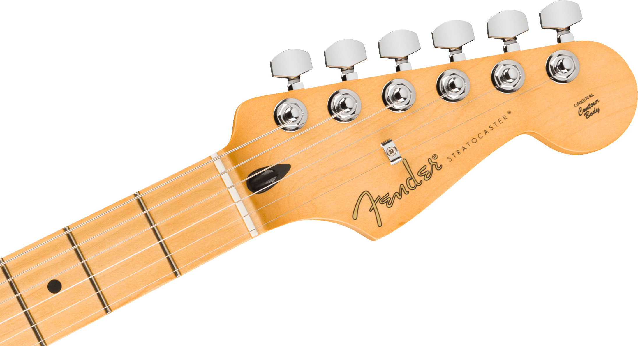 Natural wood Fender Stratocaster electric guitar headstock with six chrome tuning pegs, logo, and part of the maple neck with black inlay dots.
