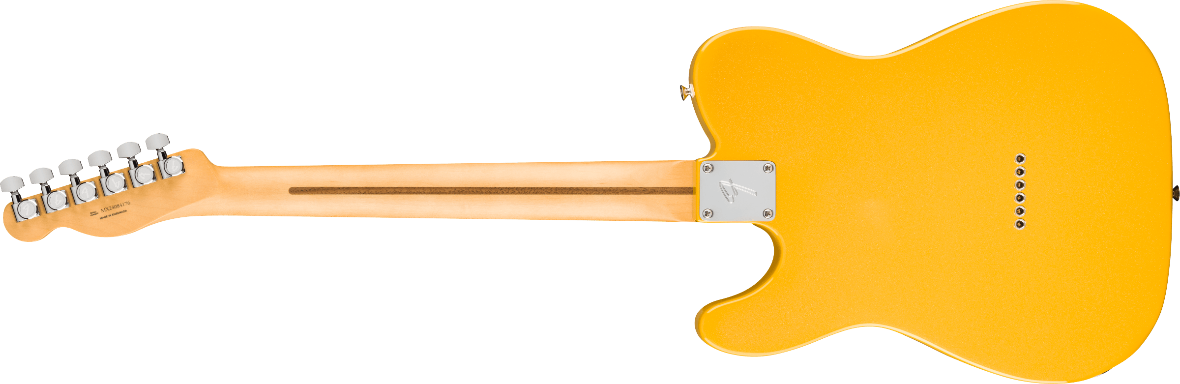 Yellow electric guitar shown from the back, with a natural wood neck, six tuning pegs, and string ferrules visible on the body.