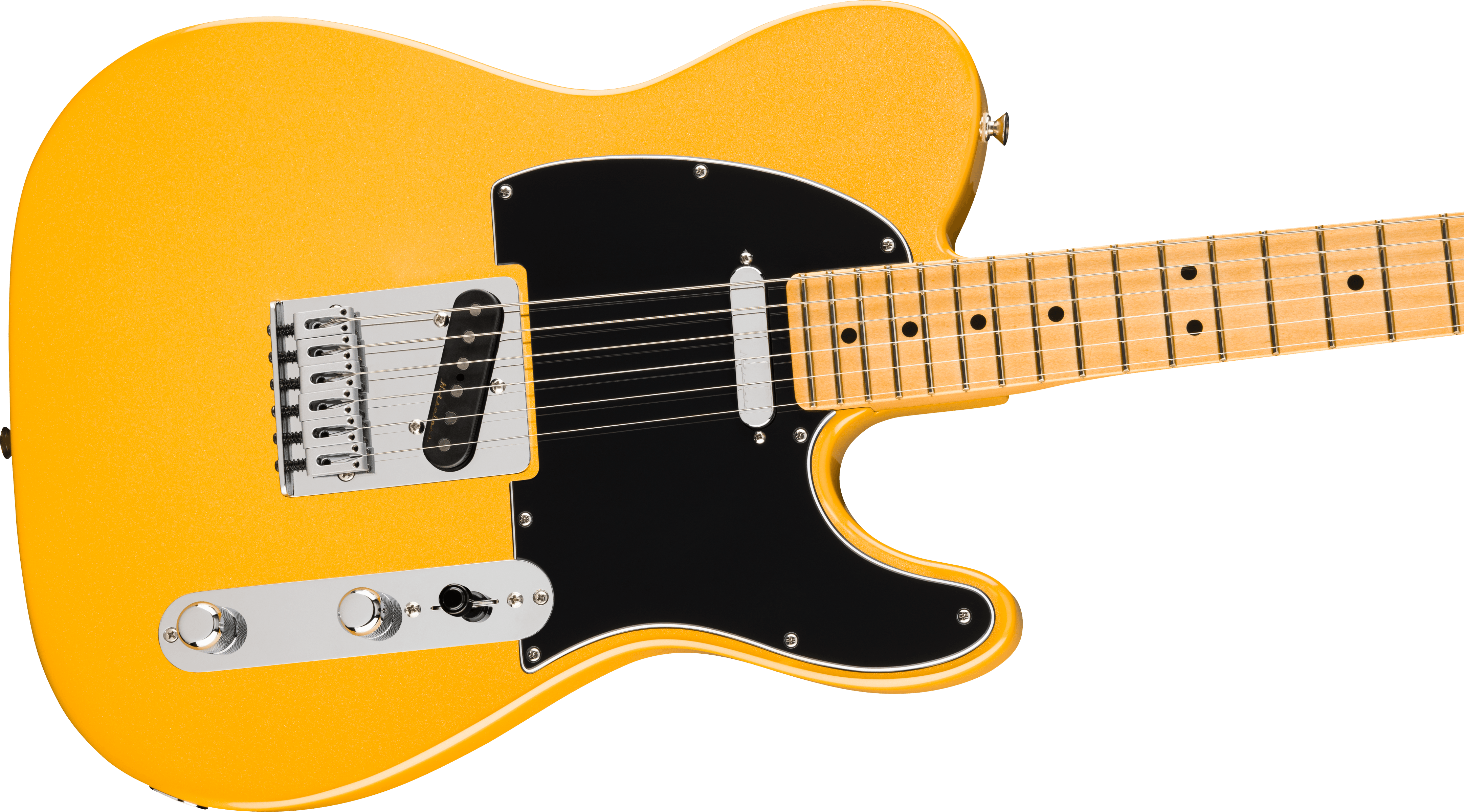 Yellow electric guitar with a single-cutaway body, black pickguard, chrome hardware, and a maple neck with dot inlays.