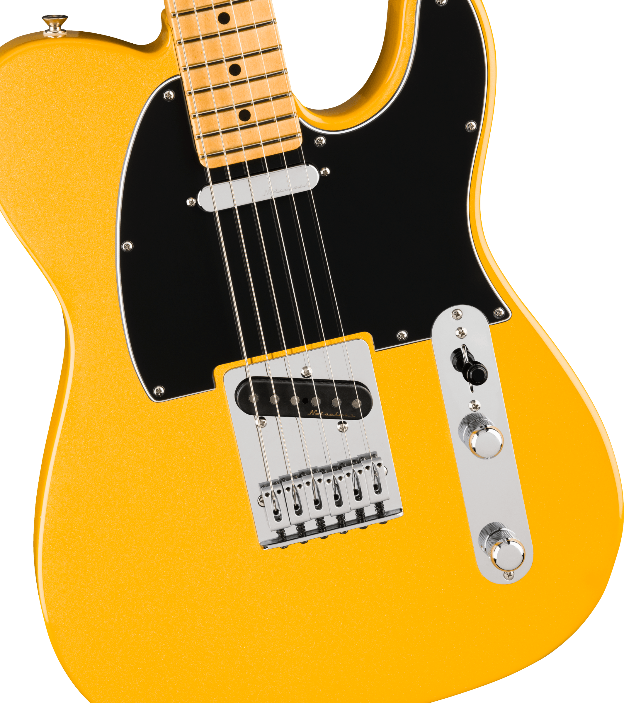 Yellow electric guitar with a black pickguard, chrome bridge, two control knobs, and a switch on a metallic plate, with six strings visible.