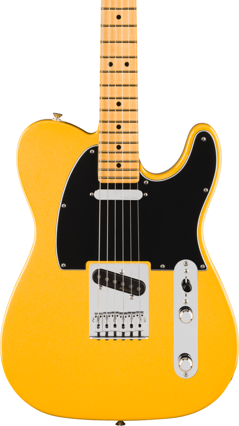 Yellow electric guitar with a single cutaway, black pickguard, two pickups, chrome control plate, and a maple neck with dot inlays.