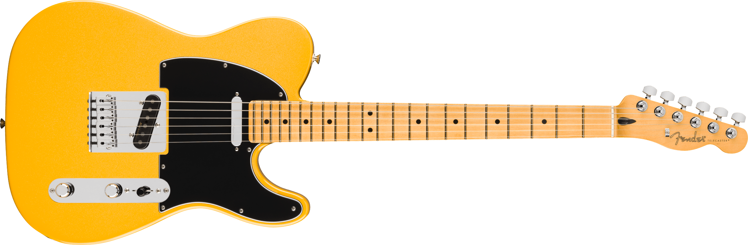 Yellow electric guitar with a black pickguard, two pickups, metal bridge, maple neck, and Fender logo on the headstock.