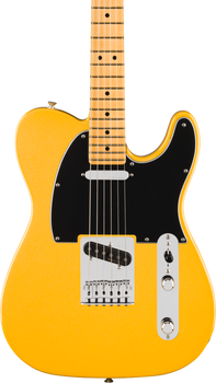 Yellow electric guitar with a single cutaway, black pickguard, two pickups, chrome control plate, and a maple neck with dot inlays.