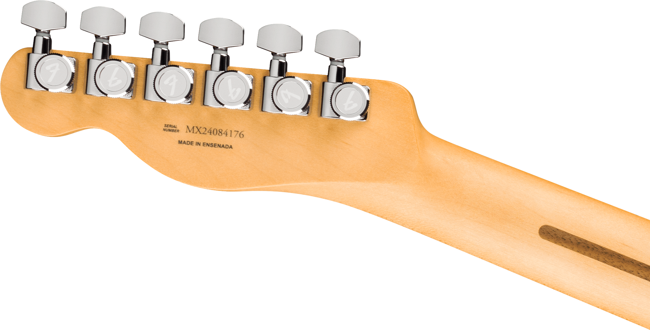 Back of an electric guitar headstock with six chrome tuning pegs and serial number MX24084176, made in Ensenada.