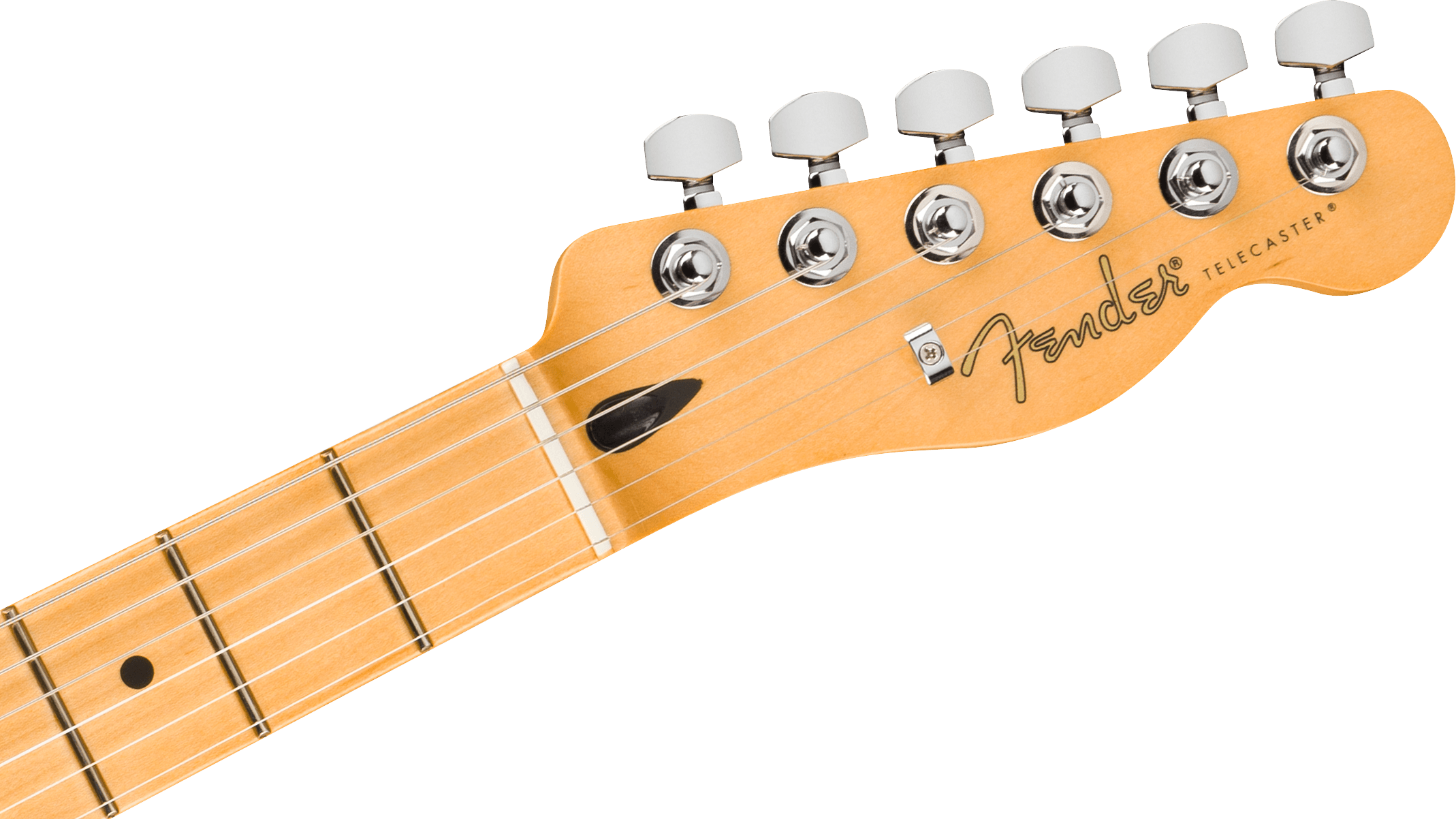 Light wood Fender Telecaster electric guitar headstock with six tuning pegs and “Telecaster” label, partial maple fretboard visible.