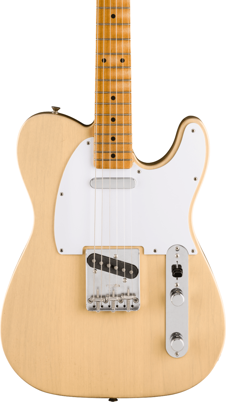 Natural wood finish electric guitar with a white pickguard, two single-coil pickups, and a maple neck featuring dot inlays.