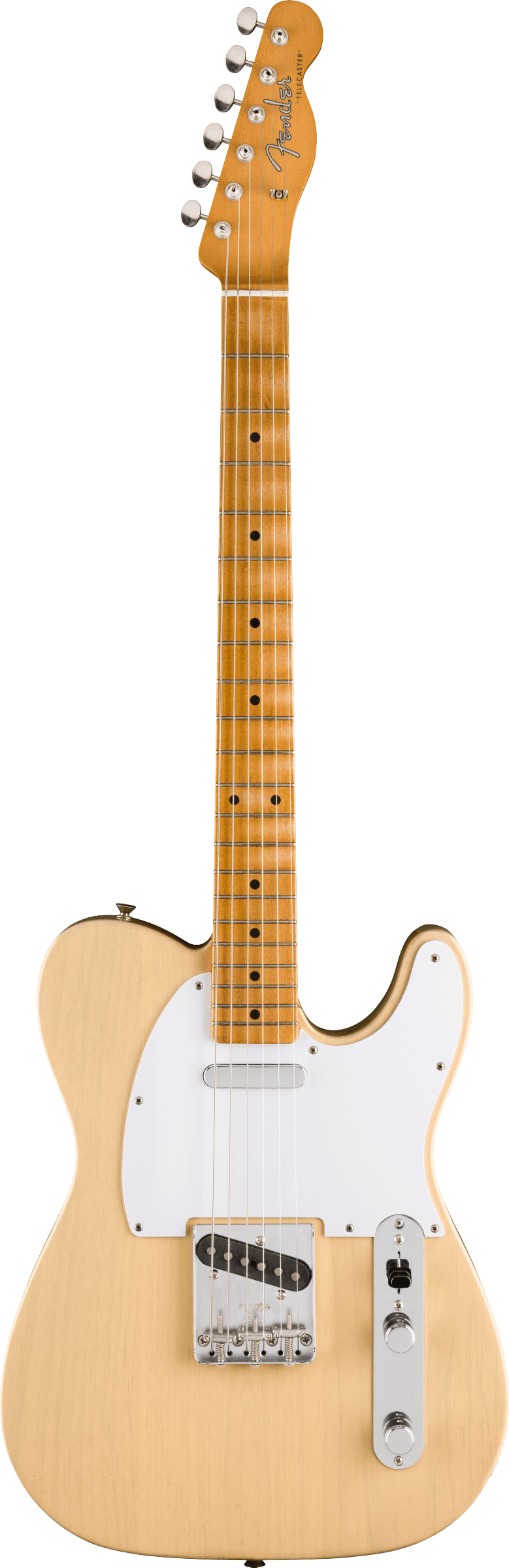 Fender Telecaster electric guitar with a light natural wood finish, white pickguard, two pickups, and a maple neck with dot inlays.
