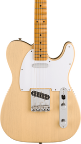 Natural wood finish electric guitar with a white pickguard, two single-coil pickups, and a maple neck featuring dot inlays.