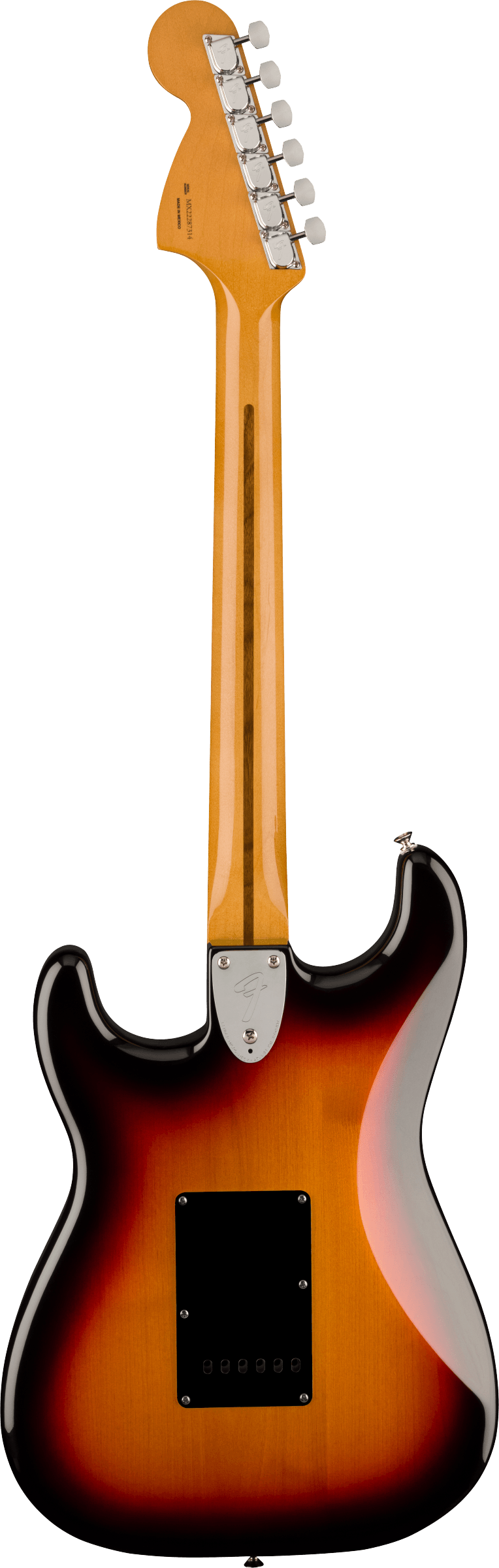 Electric guitar shown from the back with a glossy sunburst finish, maple neck, chrome tuners, black electronics cover, and contoured body shape.