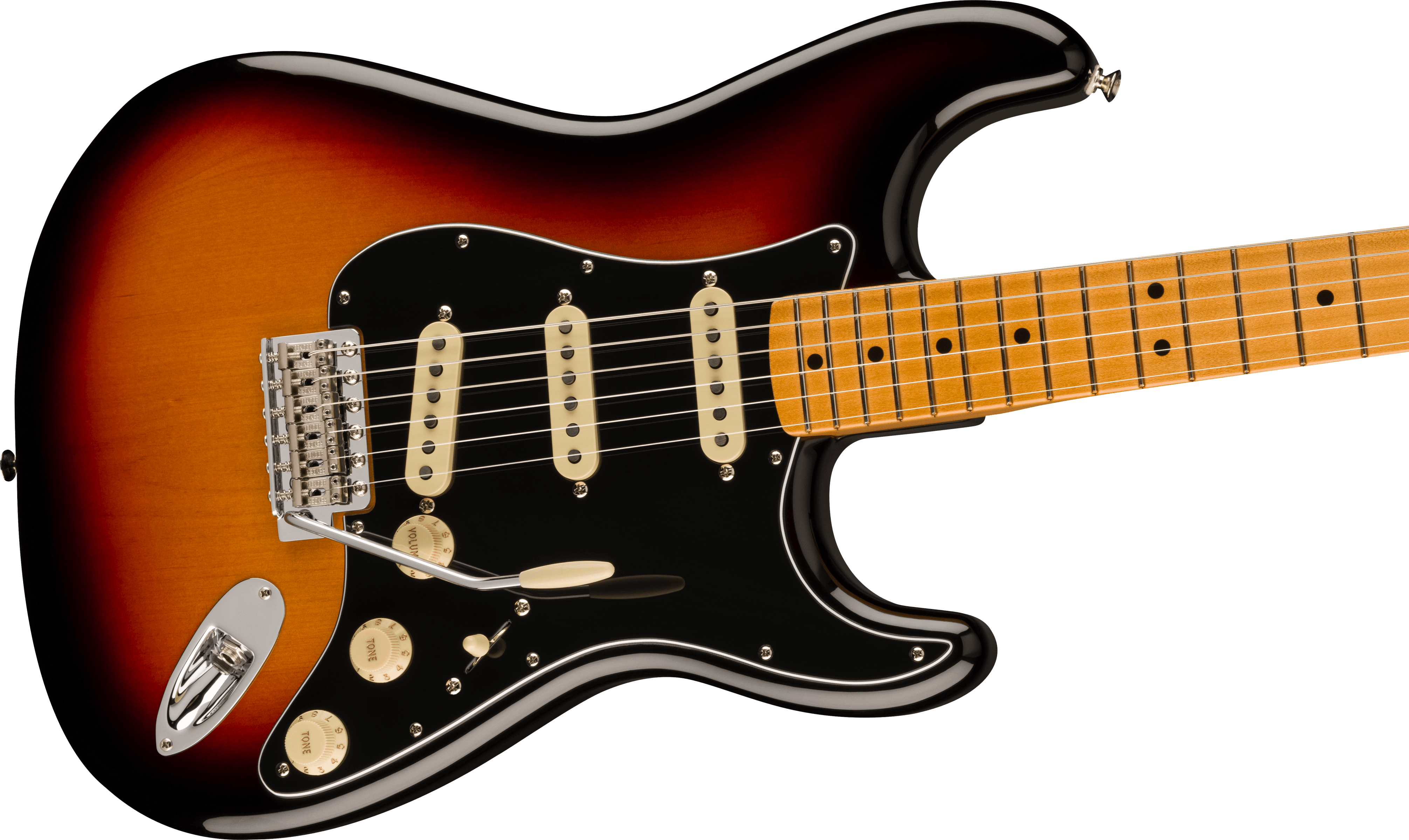 Sunburst electric guitar with a black pickguard, three single-coil pickups, five control knobs, and a maple fretboard with black dot inlays.