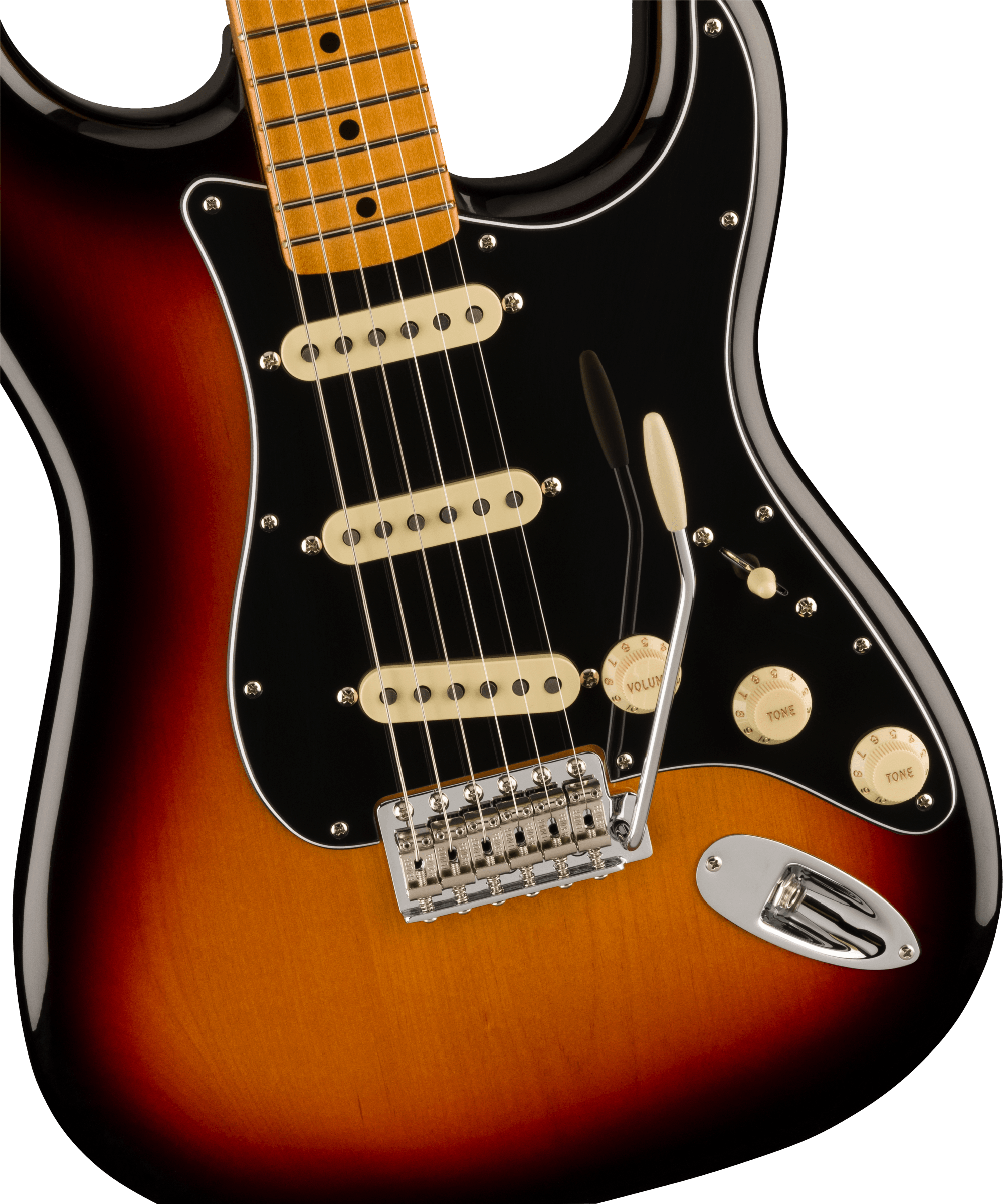 Electric guitar with a sunburst finish, black pickguard, three single-coil pickups, white control knobs, and a chrome tremolo bar.