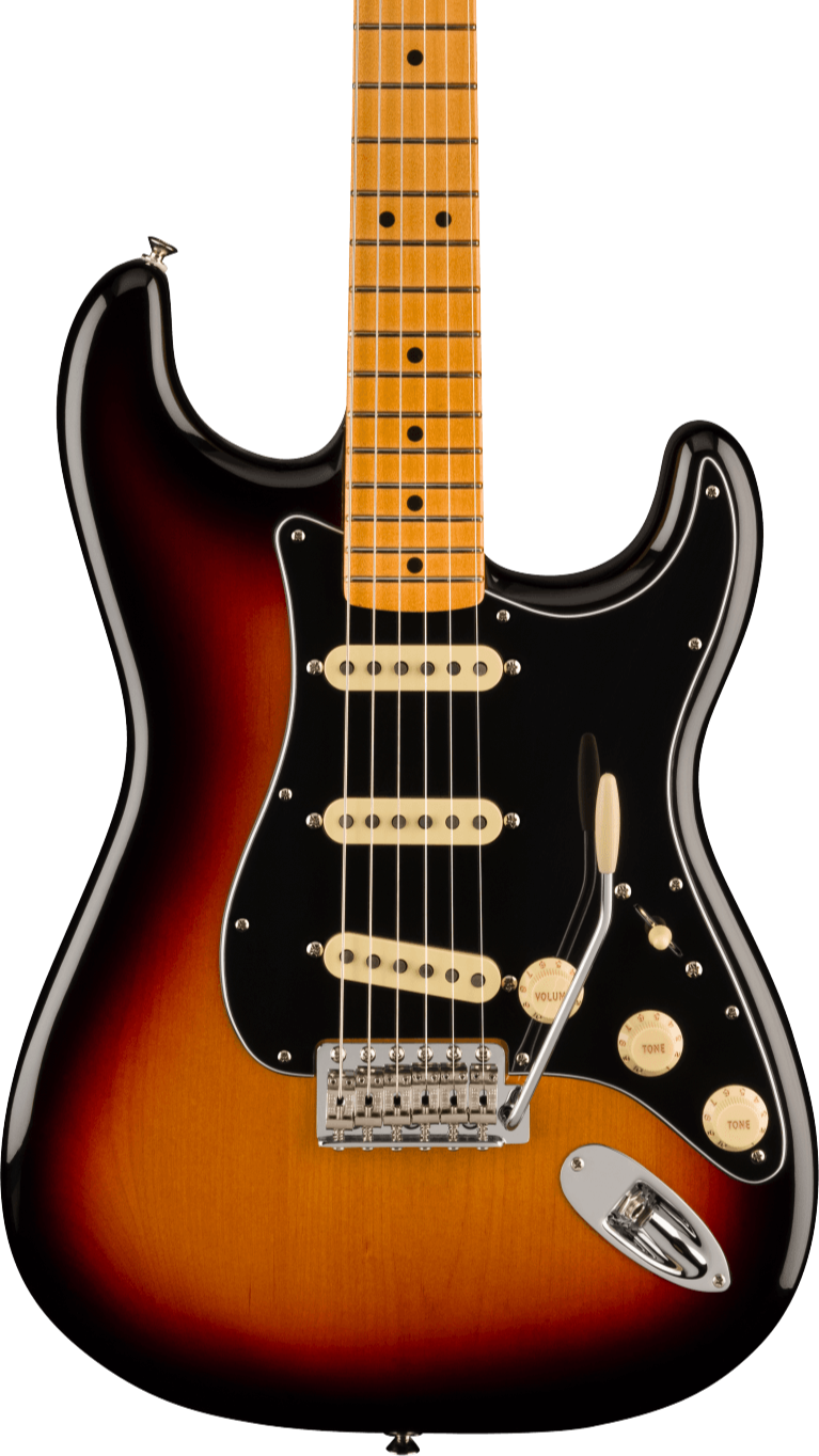 Sunburst electric guitar with a black pickguard, three single-coil pickups, maple neck, and six control knobs plus a metal tremolo arm.
