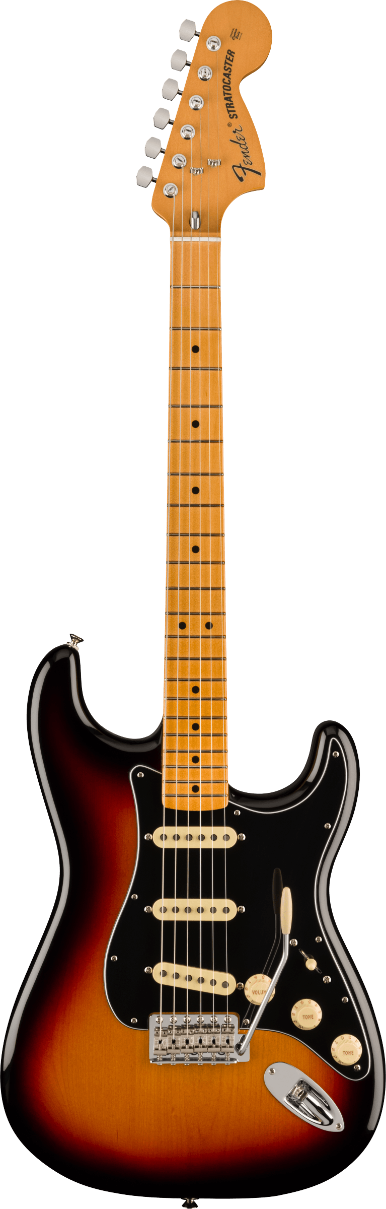 Fender Stratocaster electric guitar with a sunburst body, black pickguard, three single-coil pickups, maple neck, and six control knobs.