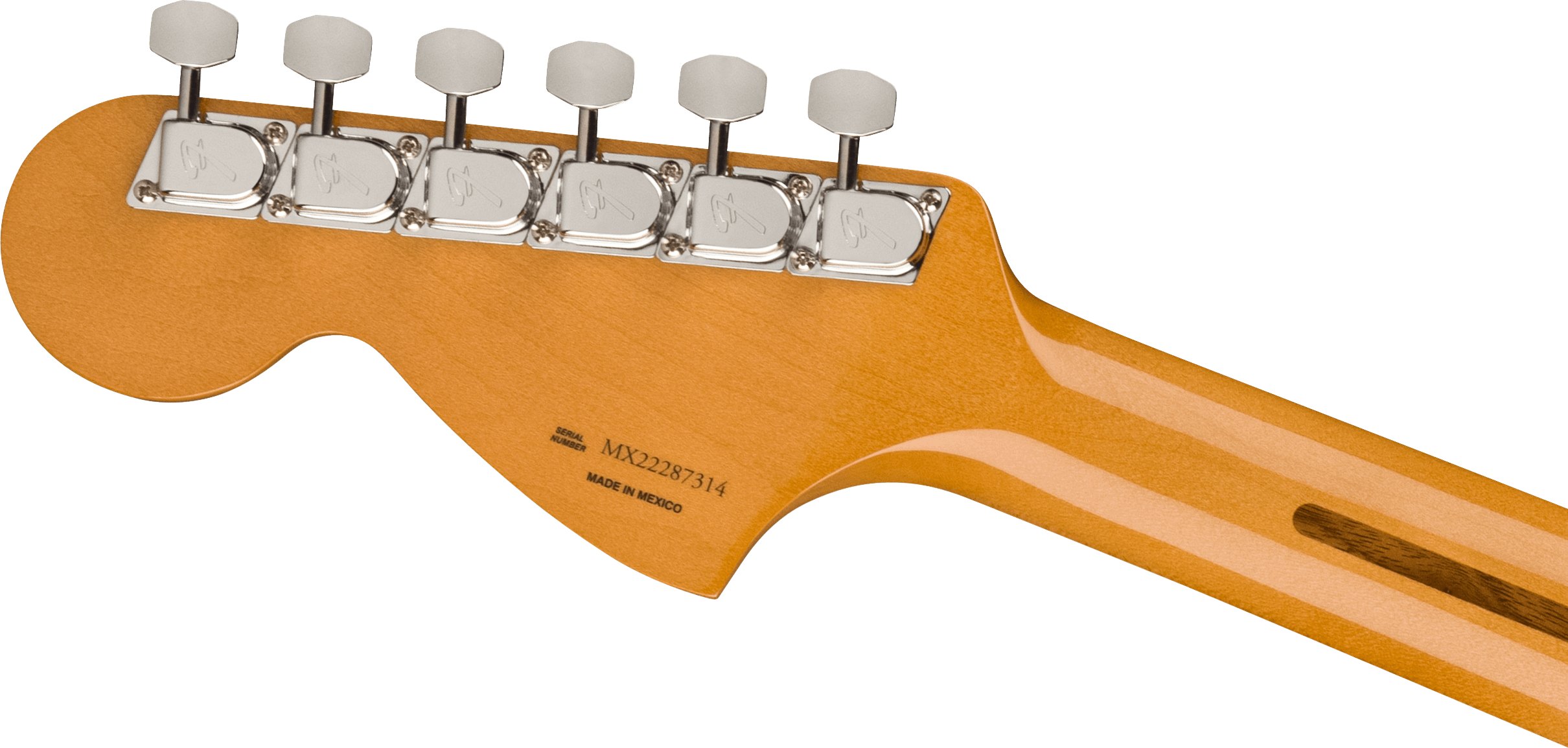Electric guitar headstock in light wood with six chrome tuning pegs, serial number MX22287314, and "Made in Mexico" printed on the back.