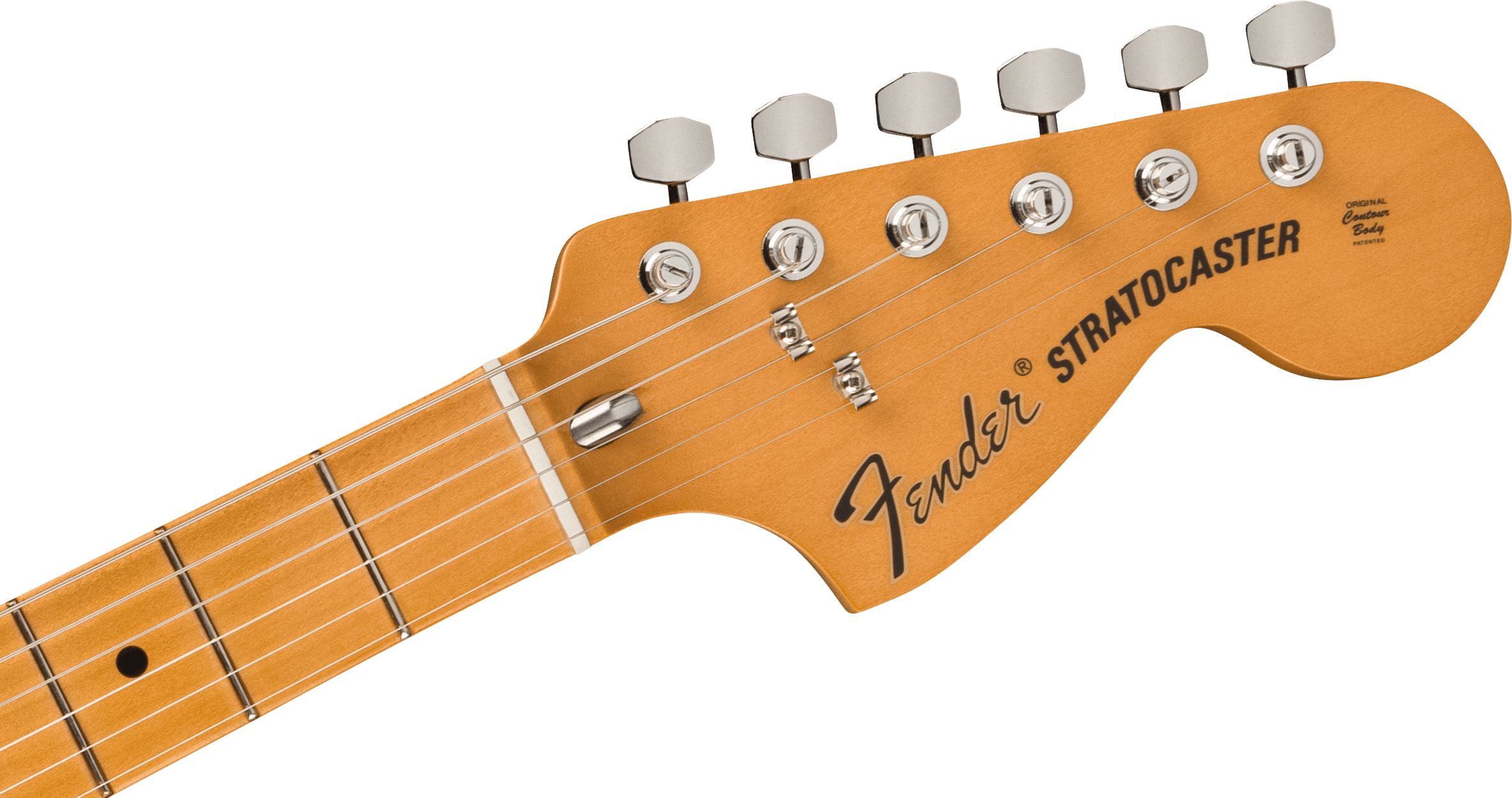 Fender Stratocaster electric guitar headstock with six tuning pegs, maple wood finish, and black logo lettering.