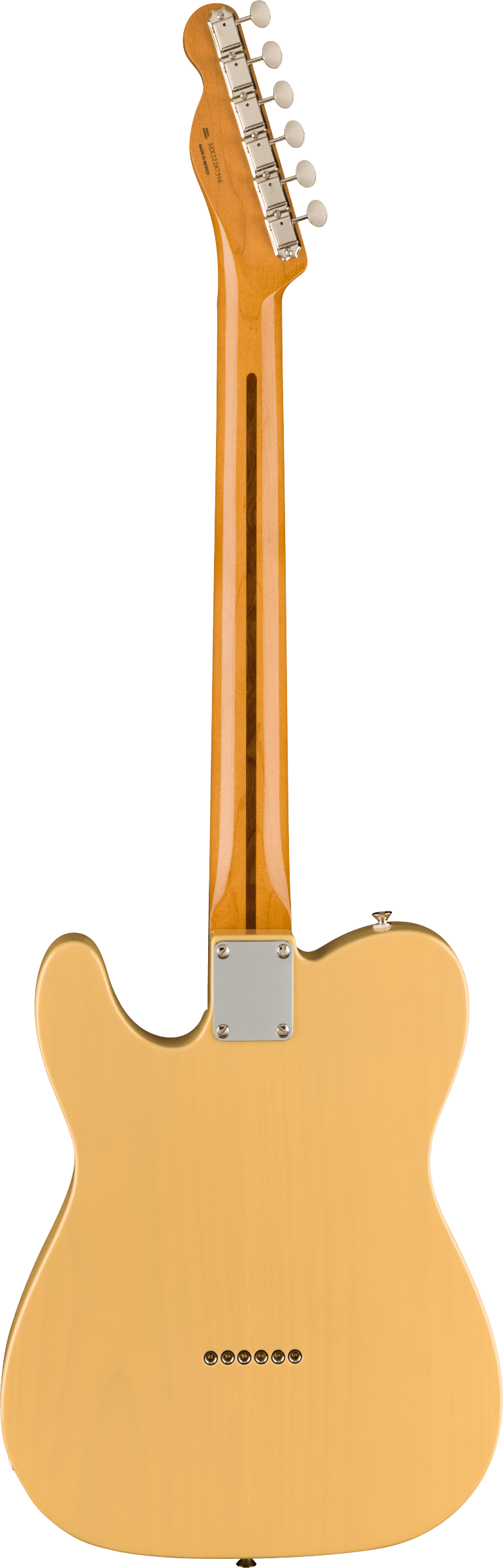 Light wood electric guitar shown from the back, featuring a bolt-on neck with a dark stripe, six tuning pegs, and string ferrules in a straight row.