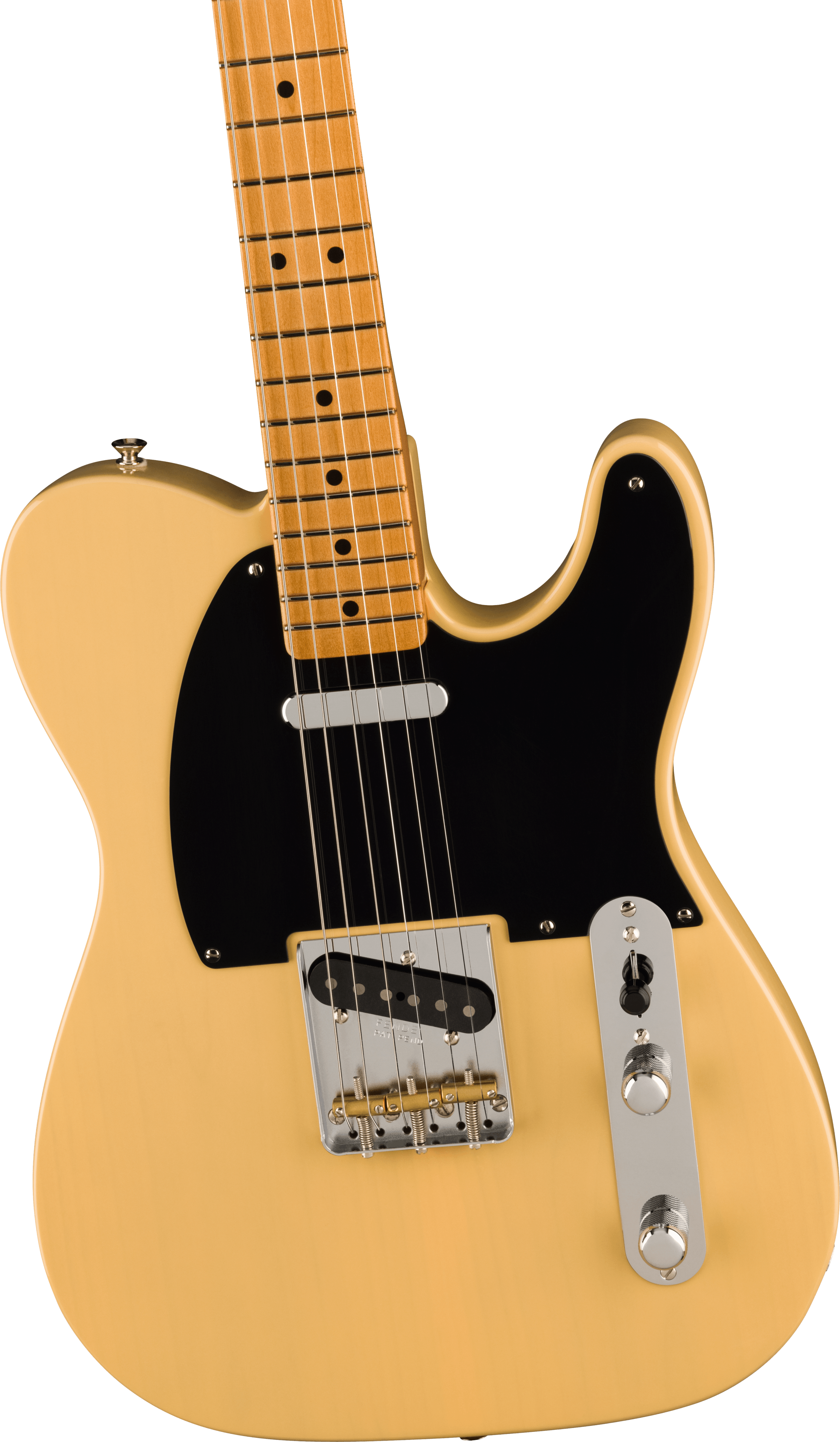 Cream-colored electric guitar with a black pickguard, two metal control knobs, and a maple neck and fretboard.