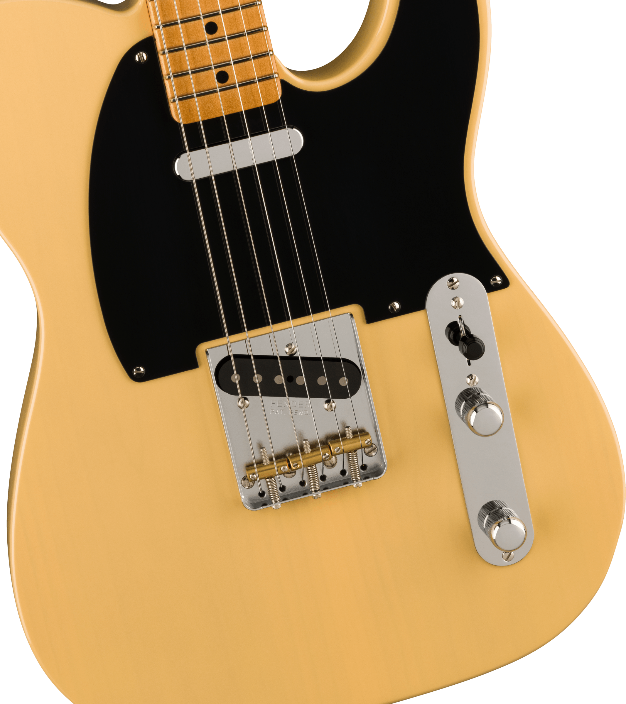 Cream-colored electric guitar body with a black pickguard, two silver control knobs, and visible single-coil pickup near the bridge.