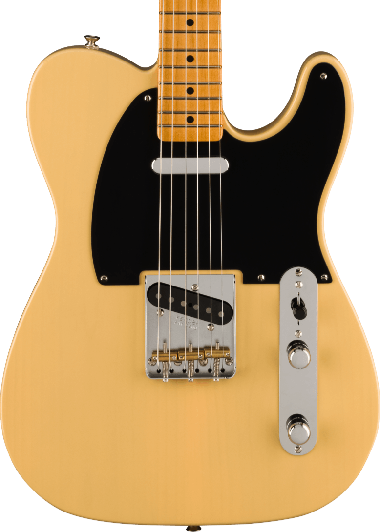 Cream-colored electric guitar with a black pickguard, two single-coil pickups, chrome bridge, control plate, and maple fretboard.