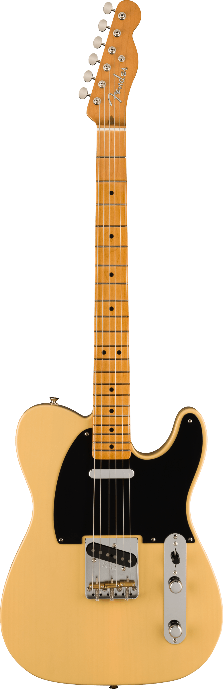 Fender electric guitar with a light wood body, black pickguard, chrome hardware, single cutaway, and maple neck with dot inlays.