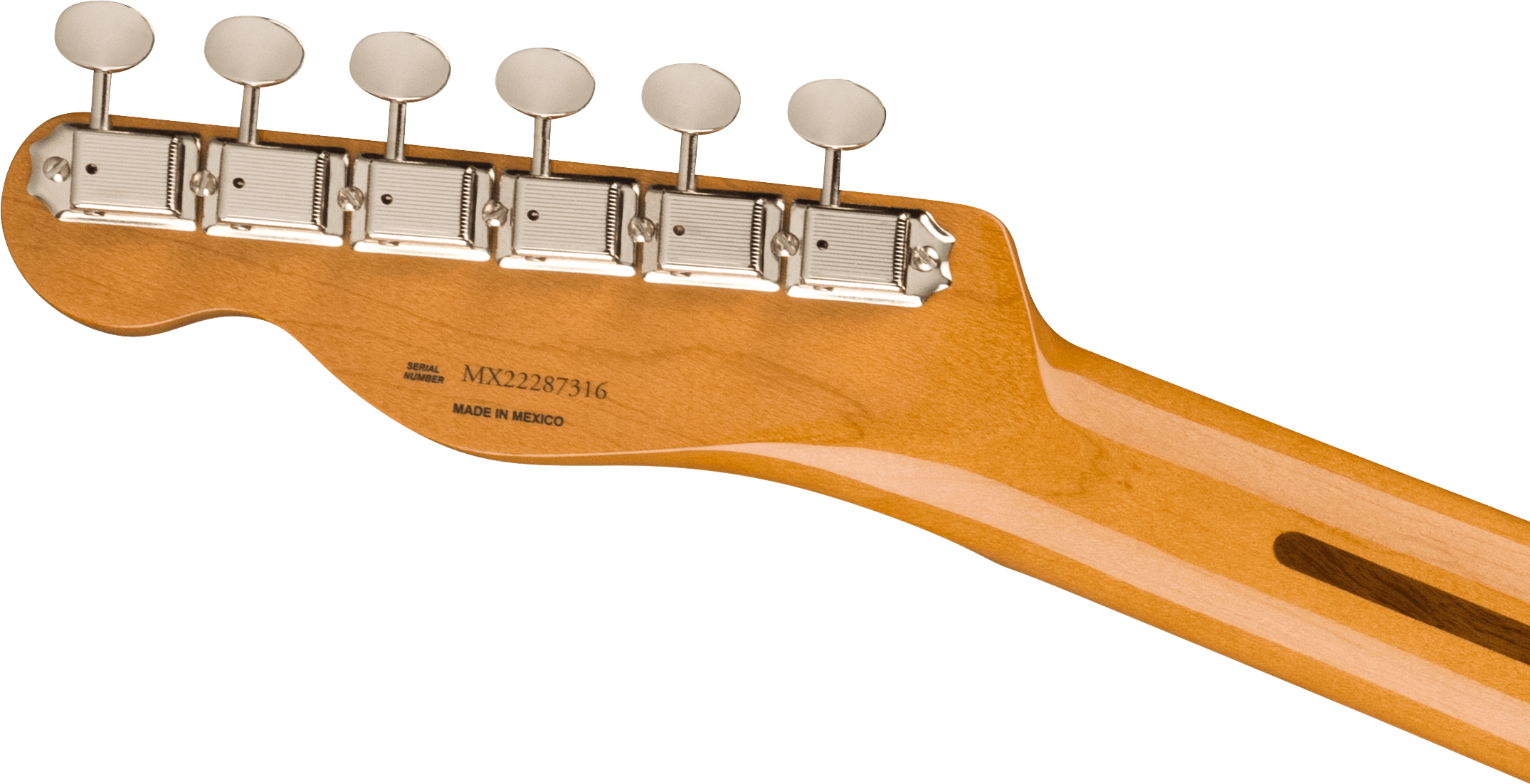 Six chrome tuning pegs line the back of a glossy light wood electric guitar headstock, with "Made in Mexico" and a serial number stamped below.