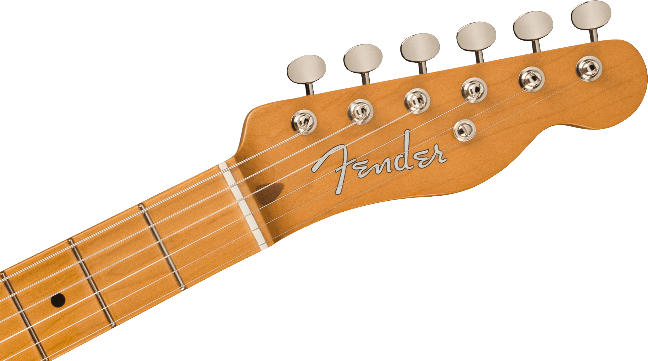 Natural wood electric guitar headstock with six tuning pegs, Fender logo in silver, and part of the maple fretboard visible.