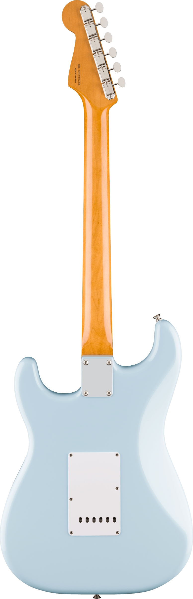 Guitare électrique vue de dos, corps bleu clair, plaque arrière blanche, manche en bois clair, têtes de mécaniques argentées en ligne.