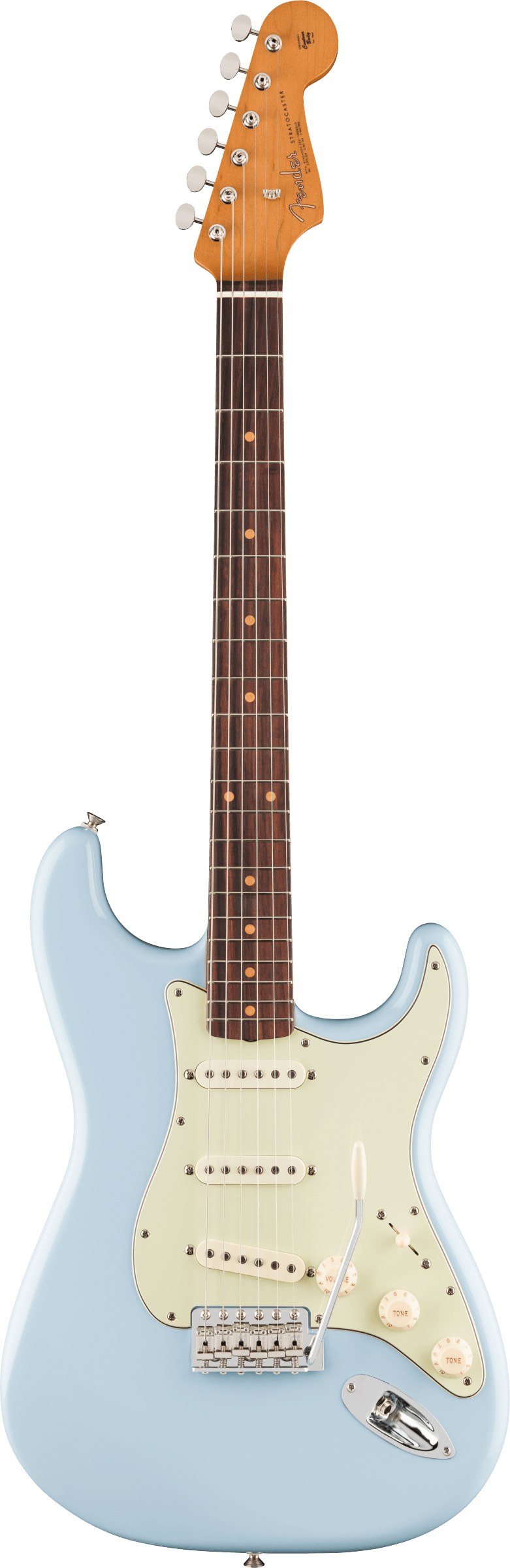 Guitare électrique à corps bleu clair, pickguard blanc, manche en bois foncé, trois micros blancs et boutons de réglage couleur crème.