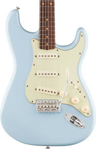 Light blue electric guitar with a white pickguard, three single-coil pickups, wooden fretboard, and white control knobs.