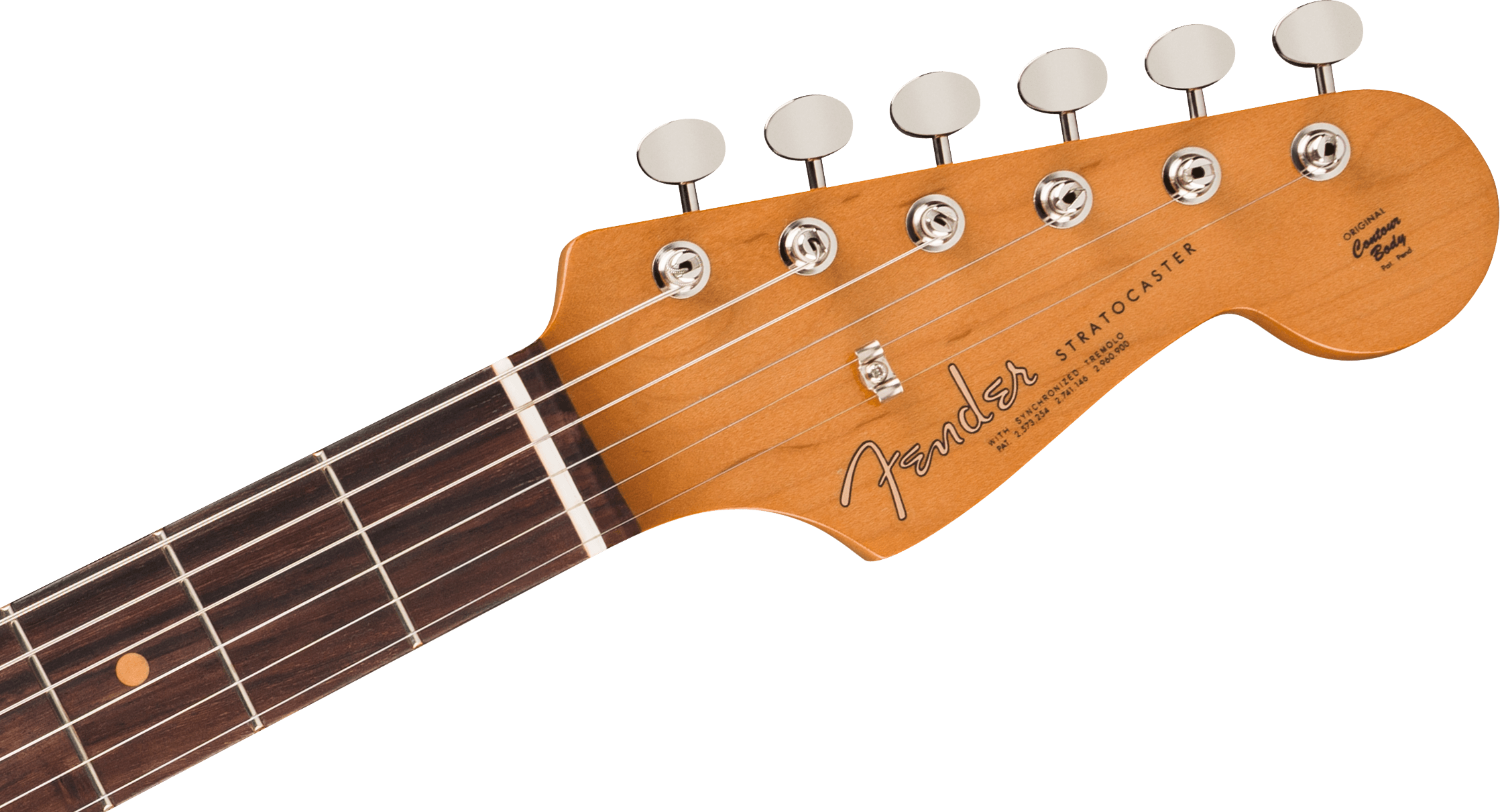 Tête d’une guitare électrique Fender Stratocaster, bois clair, six mécaniques chromées alignées, logo Fender inscrit en noir.