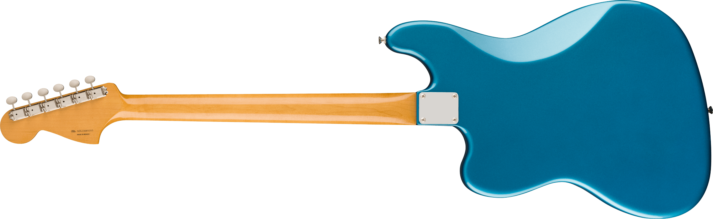 A bass guitar shown from the back, featuring a glossy blue body and a natural wood neck with six tuning pegs and a rectangular neck plate.